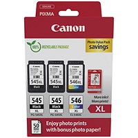 Canon PG-545XL x 2/CL-546XL Ink Cartridges High Yield K/CMY + 4x6 in Photo Paper Value Pack 8286B015