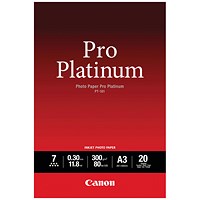 Canon A3 Pro Platinum Photo Paper, Glossy, 300gsm, Pack of 20
