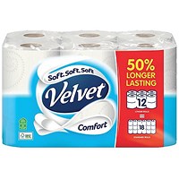 Velvet Comfort 2-Ply Extra Long Toilet Rolls, Pack of 12