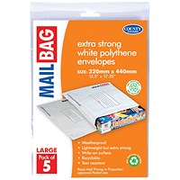 County Stationery Mail Bag Polythene Envelopes, White, Large 320x440mm, Pack of 50