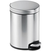Durable Round Stainless Steel Pedal Bin, 5 Litre, Silver