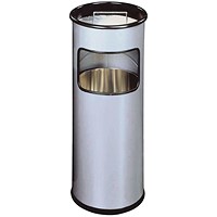 Durable Round Waste Bin with Ashtray, 17 Litre Bin and 2 Litre Ashtray, Silver