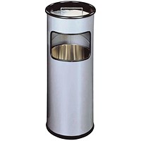 Durable Round Waste Bin with Ashtray, Silver, 17 Litre bin and 2 litre ashtray