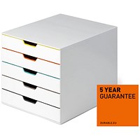 Durable Varicolor Mix 5 Drawer Set, Colour Coded Desktop Storage, White & Assorted Coloured Drawers
