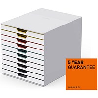 Durable Varicolor Mix 10 Drawer Set, Colour Coded Desktop Storage, White & Assorted Coloured Drawers