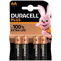 Duracell Plus AA Battery Alkaline 100% Extra Life (Pack of 4)