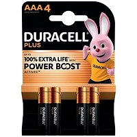 Duracell Plus AAA Battery Alkaline 100% Extra Life Power Boost, Pack of 4
