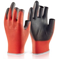 Beeswift Pu Coated 3 Fingerless Gloves, Red, Medium, Pack of 10