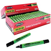 Show-me Drywipe Marker, Slim Barrel, Medium, Black, Pack of 100