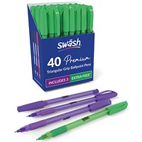 Swash Ballpoint Pen with Rubber Grip, 40 x Green and 3 x Purple, Pack of 43