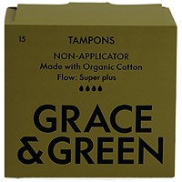 Grace and Green Organic Cotton Non Applicator Tampons, Super+, Pack of 15