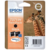 Epson T0711H Black High Yield DURABrite Inkjet Cartridge (Twin Pack)