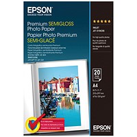 Epson A4 Premium Photo Paper, Semi-Gloss, 251gsm, Pack of 20