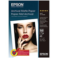 Epson A3 Archival Paper, Matte, 192gsm, Pack of 50 Epson A3 Archival Paper, Matte, 192gsm, Pack of 50