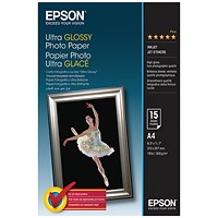 Epson A4 Ultra Glossy Photo Paper, Glossy, 300gsm, Pack of 15