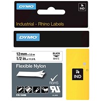 Dymo 18488 Rhino Nylon Tape 12mm x 3.5m Black on White S0718100