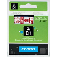 Dymo 45015 D1 Tape, Red on White, 12mmx7m