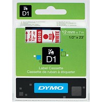 Dymo 45015 D1 Tape, Red on White, 12mmx7m