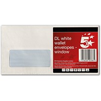 5 Star DL Window Envelopes, Peel and Seal, 80gsm, White, Pack of 25