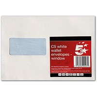 5 Star C5 Window Pocket Envelopes, Peel and Seal, 80gsm, White, Pack of 25