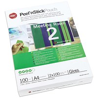 GBC Peel and Stick A4 Laminating Pouches, 200 Microns, Glossy, Pack of 100