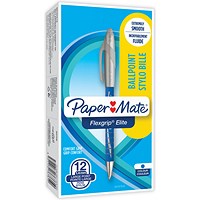 Paper Mate Flexgrip Elite Ball Pen, Retractable Tip, Blue, Pack of 12