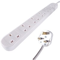 Connekt Gear Power Extension Lead, 6 Sockets, 2m Lead, White