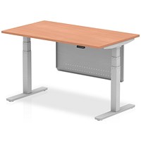 Air Modesty 1400mm Rectangular Height Adjustable Desk, Silver Leg & Modesty Panel, Beech