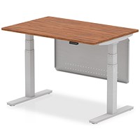 Air Modesty 1200mm Rectangular Height Adjustable Desk, Silver Leg & Modesty Panel, Walnut