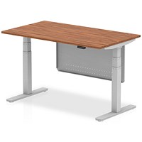 Air Modesty 1400mm Rectangular Height Adjustable Desk, Silver Leg & Modesty Panel, Walnut