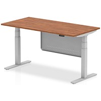 Air Modesty 1600mm Rectangular Height Adjustable Desk, Silver Leg & Modesty Panel, Walnut