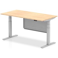 Air Modesty 1600mm Rectangular Height Adjustable Desk, Silver Leg & Modesty Panel, Maple