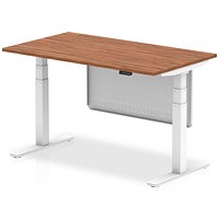 Air Modesty 1400mm Rectangular Height Adjustable Desk, White Leg & Modesty Panel, Walnut