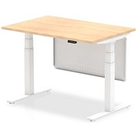 Air Modesty 1200mm Rectangular Height Adjustable Desk, White Leg & Modesty Panel, Maple