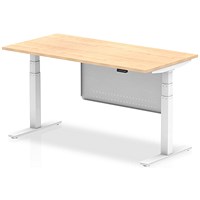 Air Modesty 1600mm Rectangular Height Adjustable Desk, White Leg & Modesty Panel, Maple