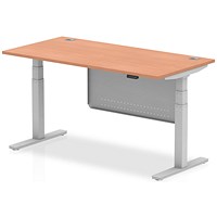 Air Modesty 1600mm Rectangular Cable Port Height Adjustable Desk, Silver Leg & Modesty Panel, Beech