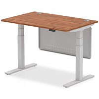 Air Modesty 1200mm Rectangular Cable Port Height Adjustable Desk, Silver Leg & Modesty Panel, Walnut