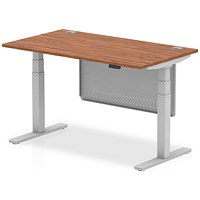 Air Modesty 1400mm Rectangular Cable Port Height Adjustable Desk, Silver Leg & Modesty Panel, Walnut