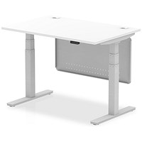 Air Modesty 1200mm Rectangular Cable Port Height Adjustable Desk, Silver Leg & Modesty Panel, White