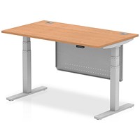 Air Modesty 1400mm Rectangular Cable Port Height Adjustable Desk, Silver Leg & Modesty Panel, Oak