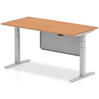 Air Modesty 1600mm Rectangular Cable Port Height Adjustable Desk, Silver Leg & Modesty Panel, Oak