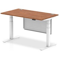 Air Modesty 1400mm Rectangular Cable Port Height Adjustable Desk, White Leg & Modesty Panel, Walnut