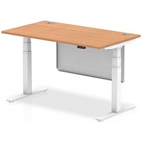 Air Modesty 1400mm Rectangular Cable Port Height Adjustable Desk, White Leg & Modesty Panel, Oak