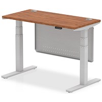 Air Modesty 1200mm Slim Rectangular Height Adjustable Desk, Silver Leg & Modesty Panel, Walnut