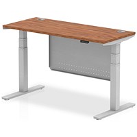 Air Modesty 1400mm Slim Rectangular Height Adjustable Desk, Silver Leg & Modesty Panel, Walnut