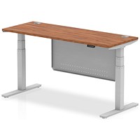 Air Modesty 1600mm Slim Rectangular Height Adjustable Desk, Silver Leg & Modesty Panel, Walnut