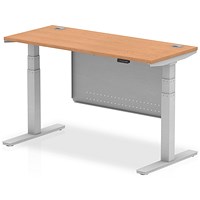 Air Modesty 1400mm Slim Rectangular Height Adjustable Desk, Silver Leg & Modesty Panel, Oak