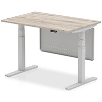 Air Modesty 1200mm Rectangular Height Adjustable Desk, Silver Leg & Modesty Panel, Grey Oak