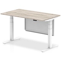 Air Modesty 1400mm Rectangular Height Adjustable Desk, White Leg & Modesty Panel, Grey Oak Air Modesty 1400mm Rectangular Height Adjustable Desk, White Leg & Modesty Panel, Grey Oak