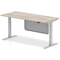 Air Modesty 1800mm Rectangular Height Adjustable Desk, Silver Leg & Modesty Panel, Grey Oak